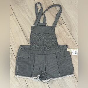 NWT! LOVE FIRE Black and Cream Striped Lace Hem Overalls